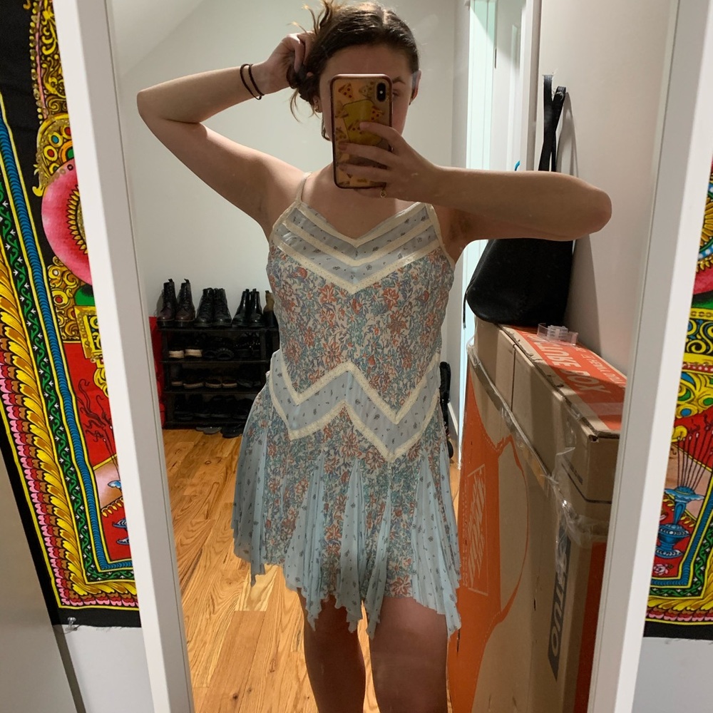 Free People Fringe Sundress Light Blue/Cream